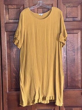 Mustard Ruffle-Sleeve Gauze Cotton Swing Dress XL